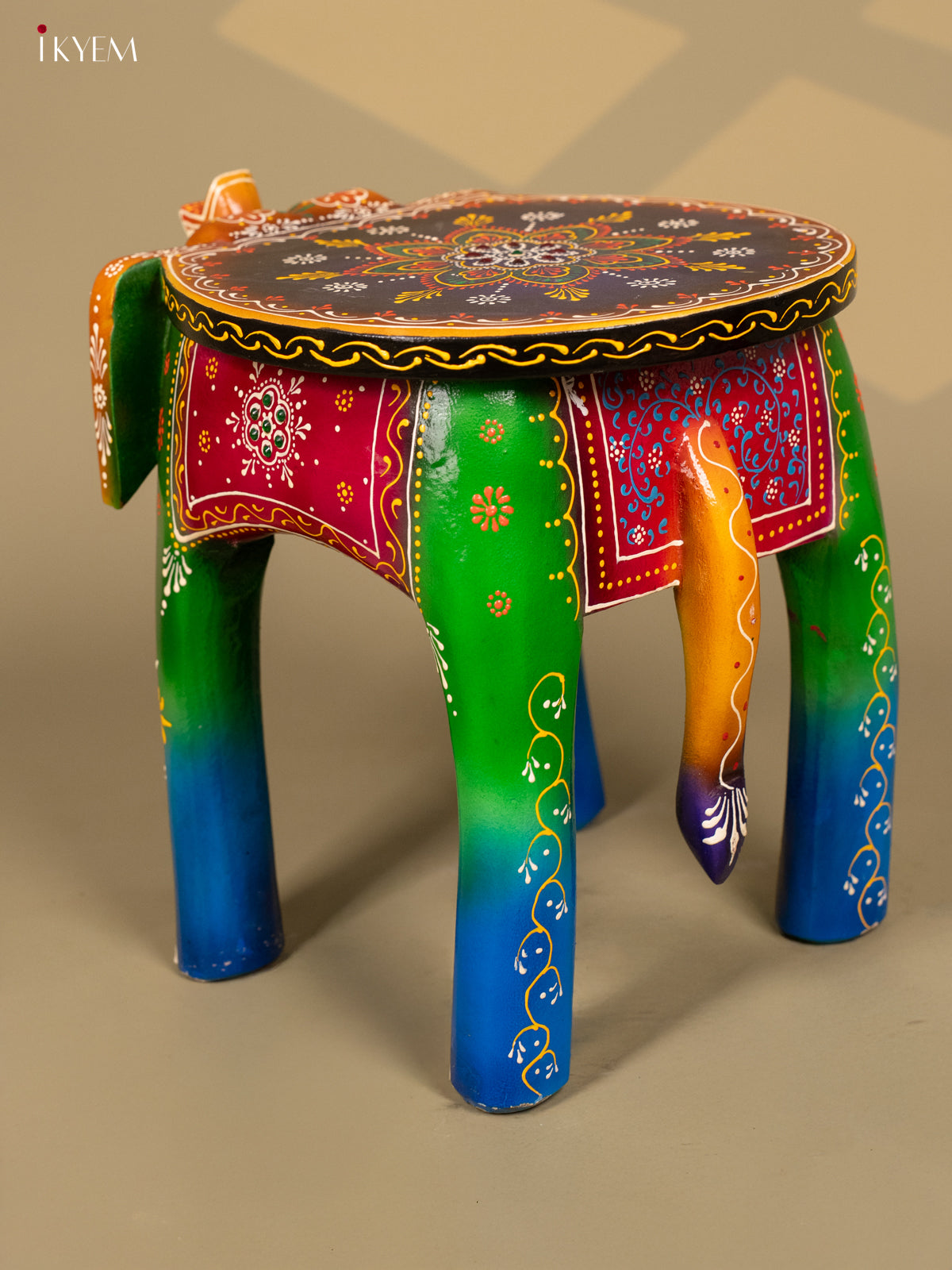 Wooden Hand Painted Elephant Stool Multi Colour - 12 Inch - KB04120