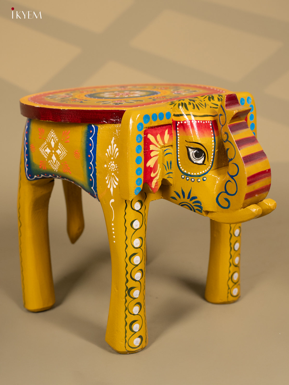 Wooden Hand Painted Elephant Stool Distressed Green - 12 Inch - KB04121