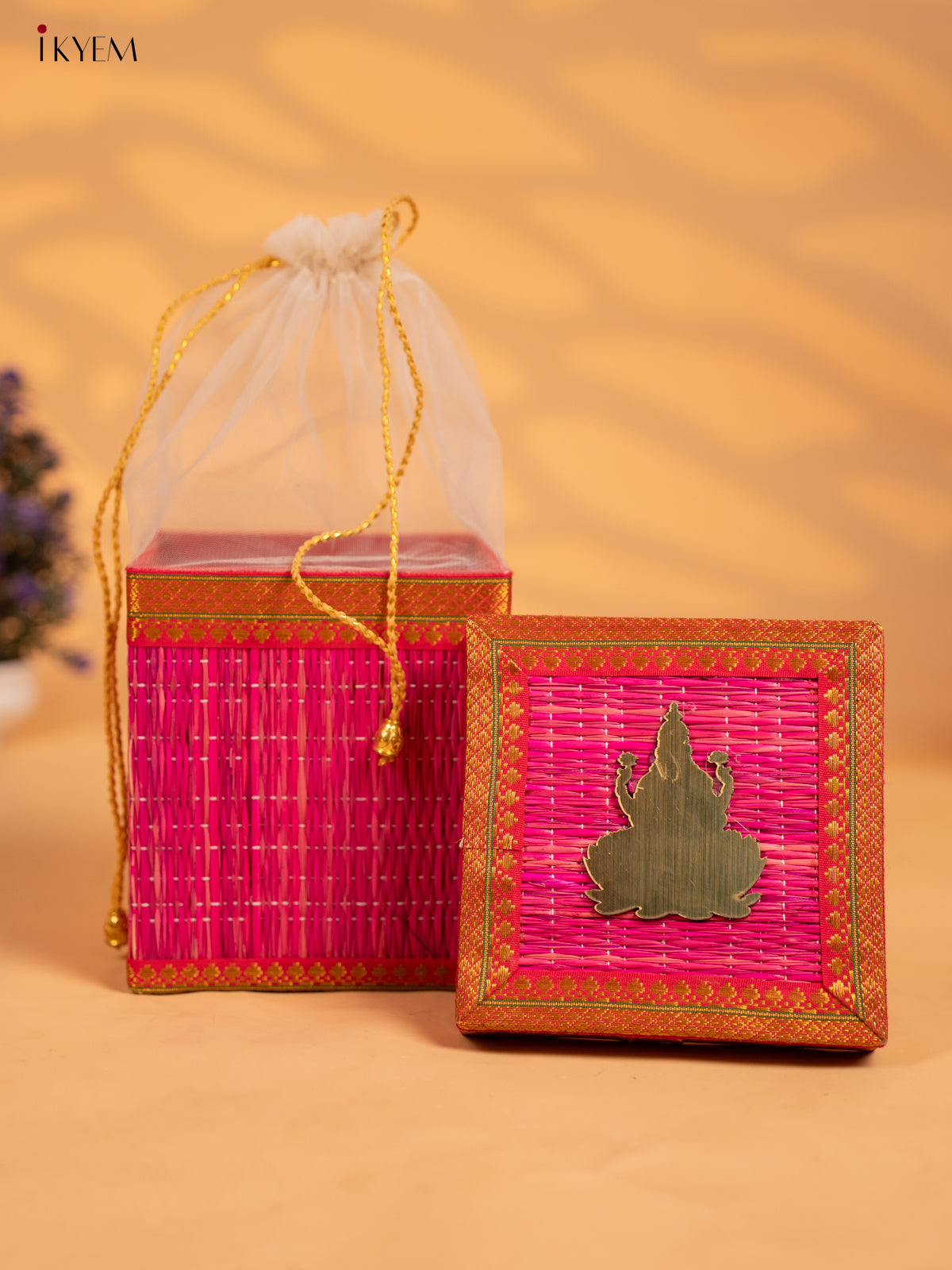 Korai Gift Box with Net Potli with Lakshmi Motif - Pink -KB17140