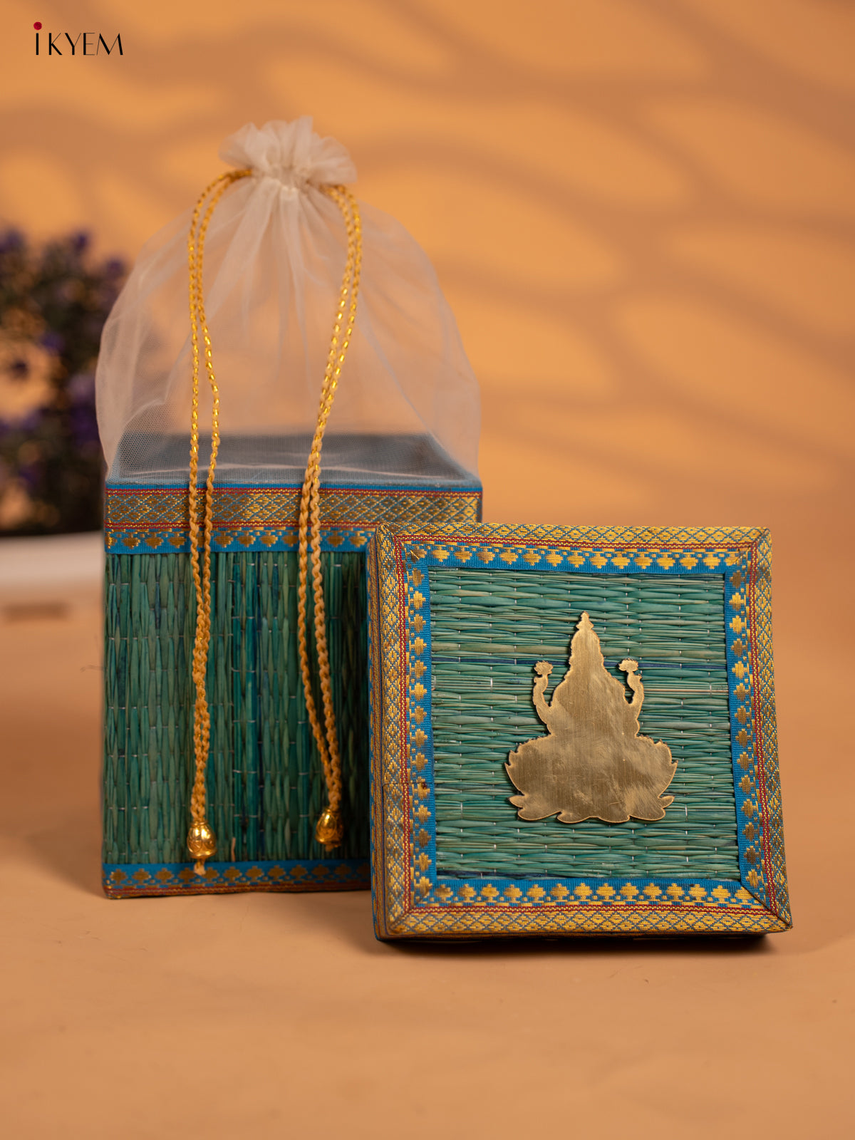 Korai Gift Box with Net Potli with Lakshmi Motif - Blue - KB17141