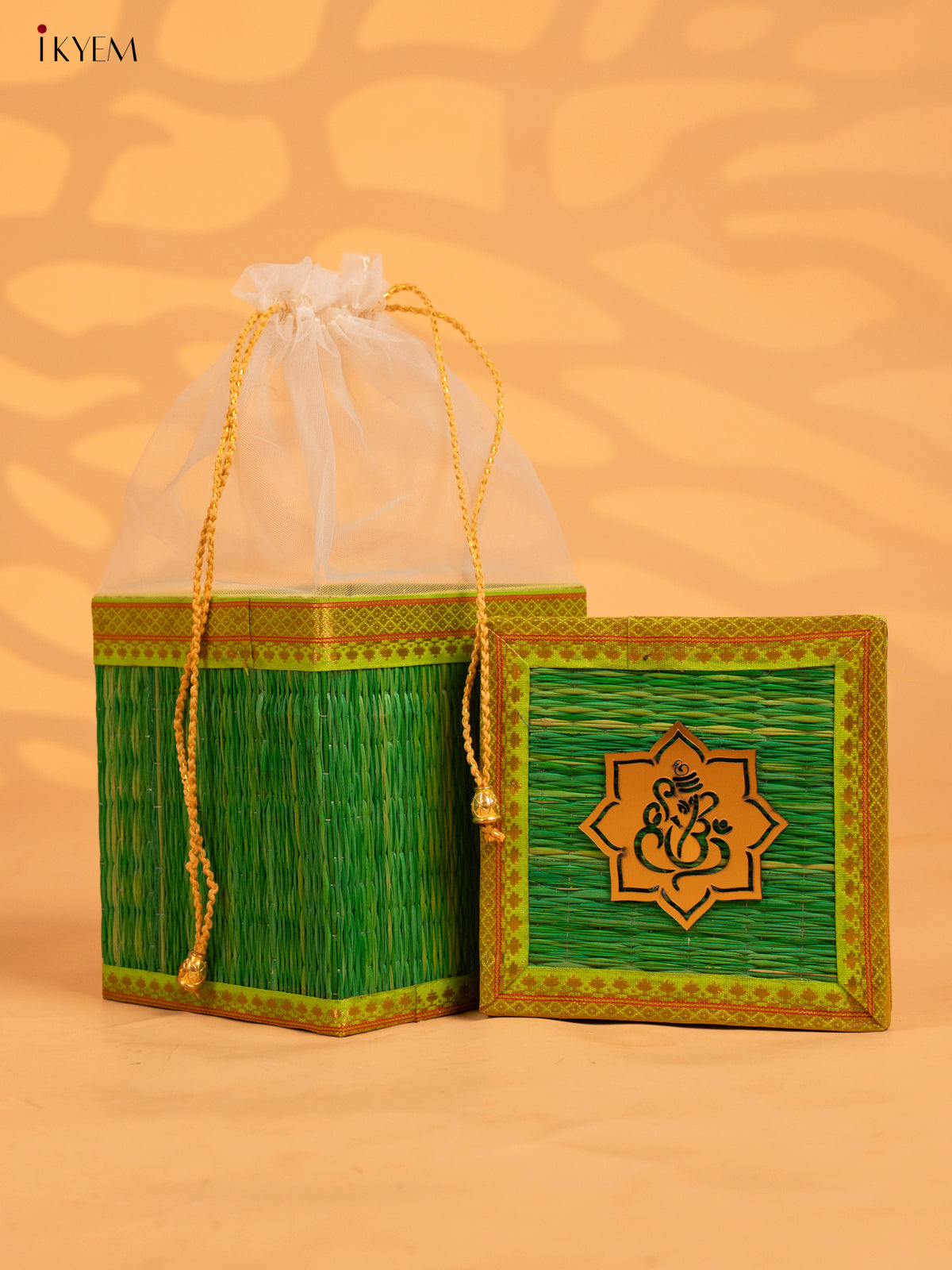 Korai Gift Box with Net Potli with Ganesha Motif - Green - KB17142