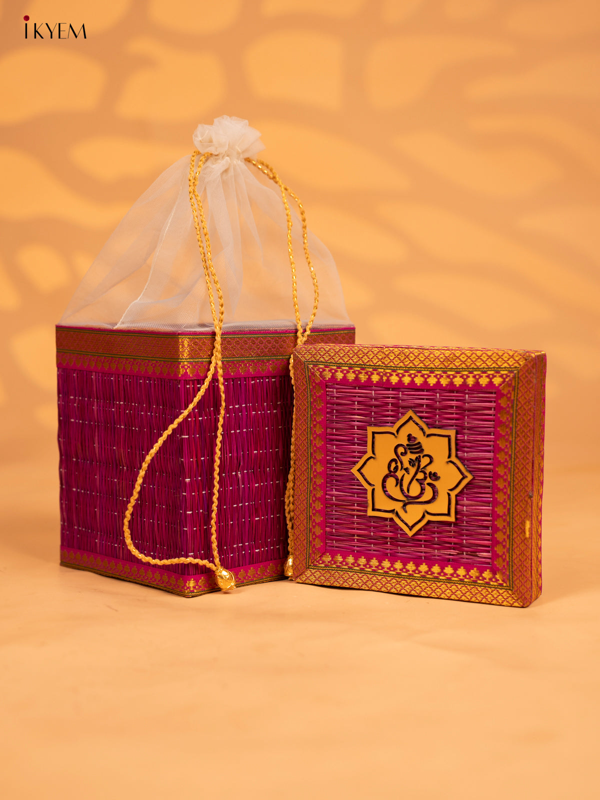 Korai Gift Box with Net Potli with Ganesha Motif - Violet - KB17144