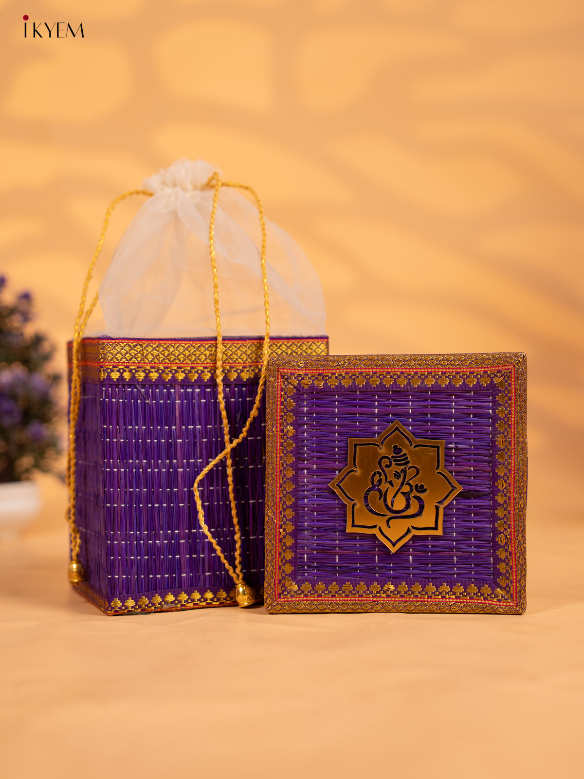 Korai Gift Box with Net Potli with Ganesha Motif - Purple - KB17145