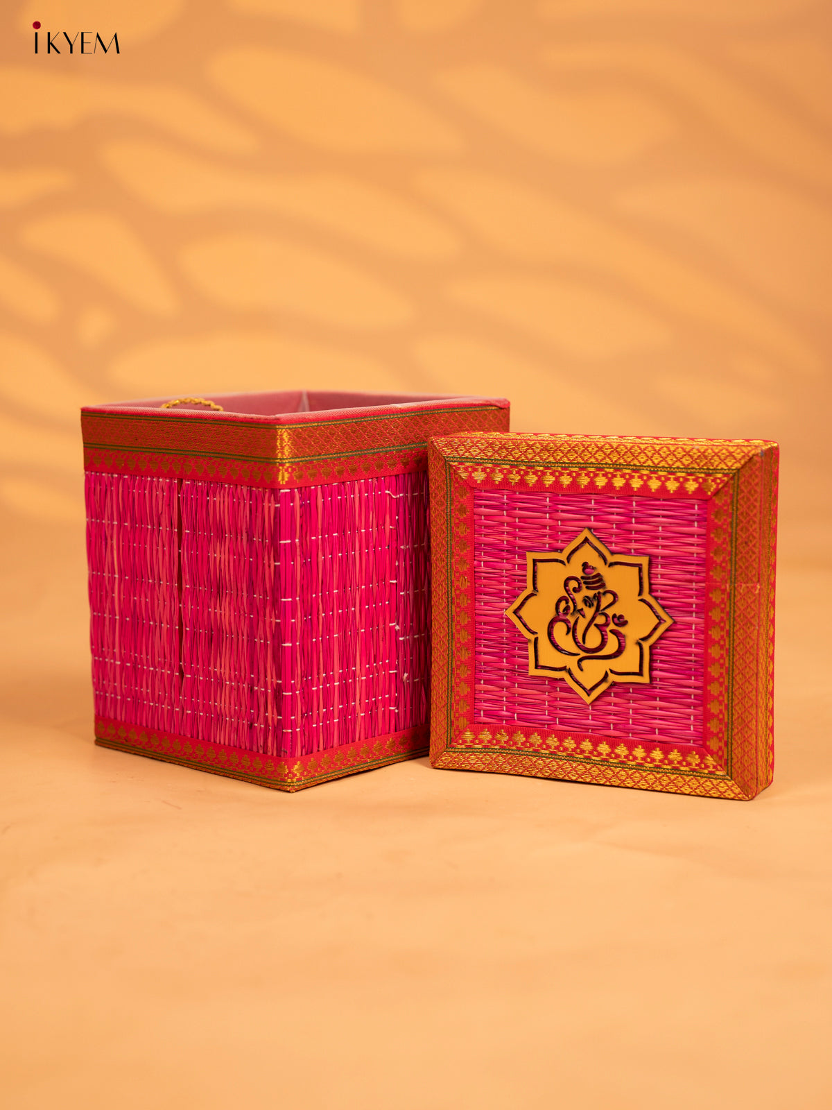 Korai Gift Box with Net Potli with Ganesha Motif - Pink - KB17146