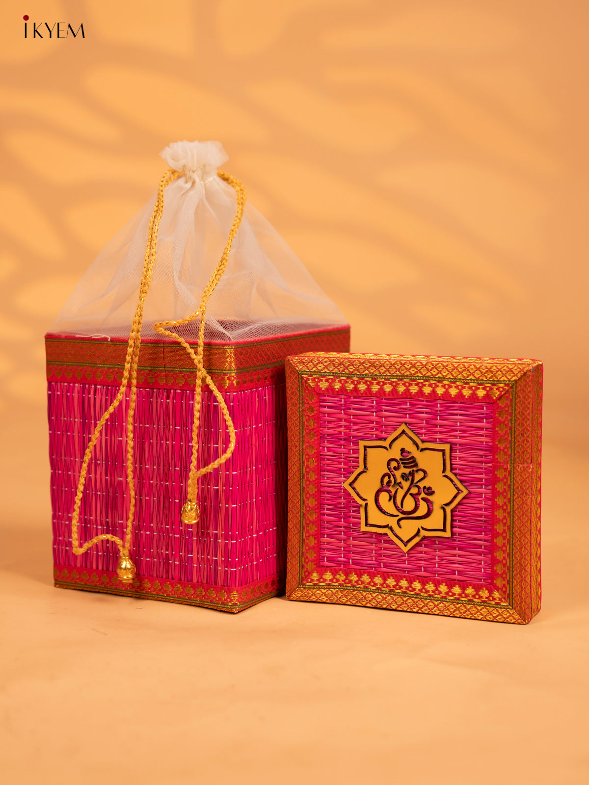 Korai Gift Box with Net Potli with Ganesha Motif - Pink - KB17146