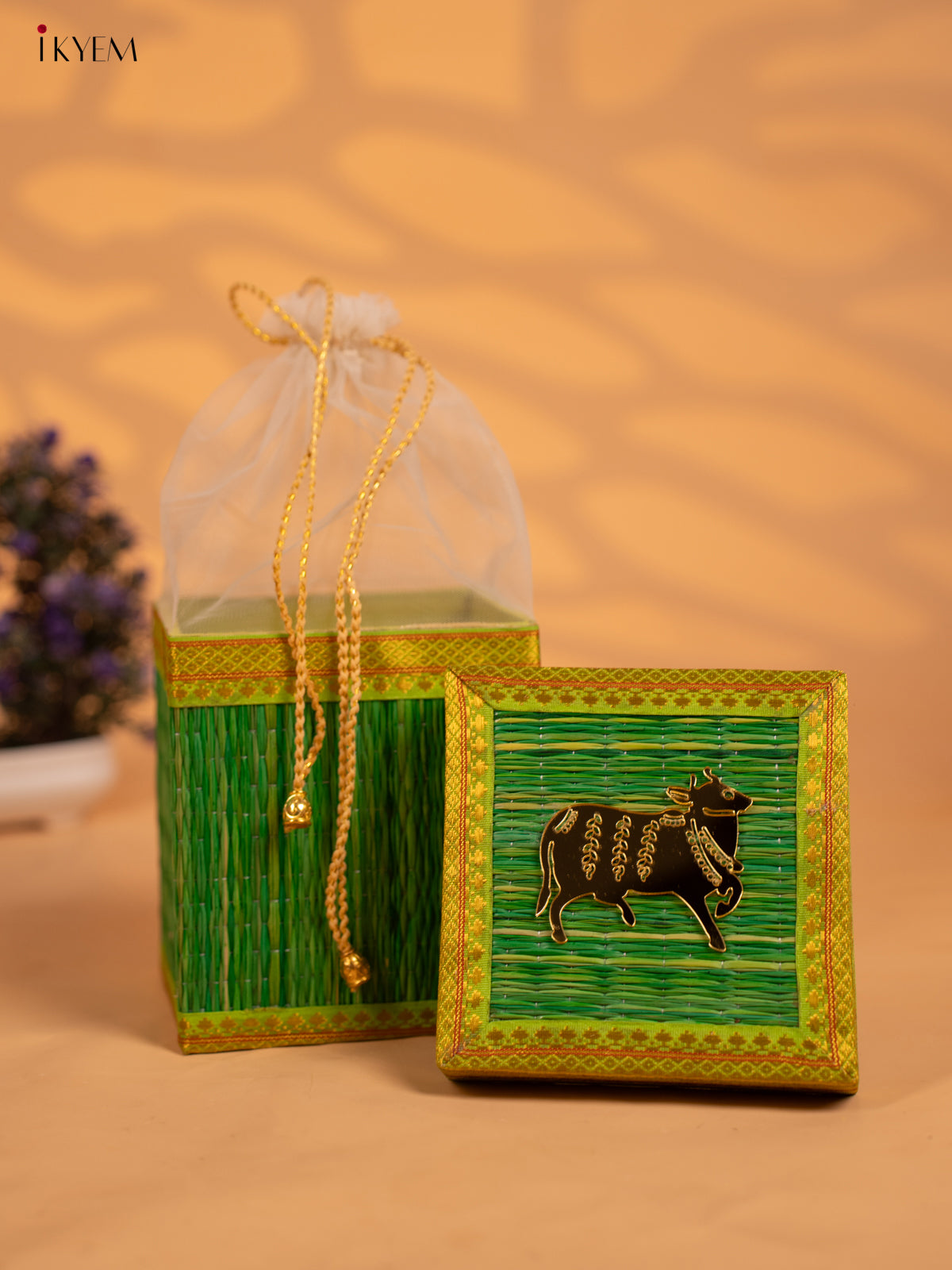 Korai Gift Box with Net Potli with Pichwai Motif - Green - KB17149