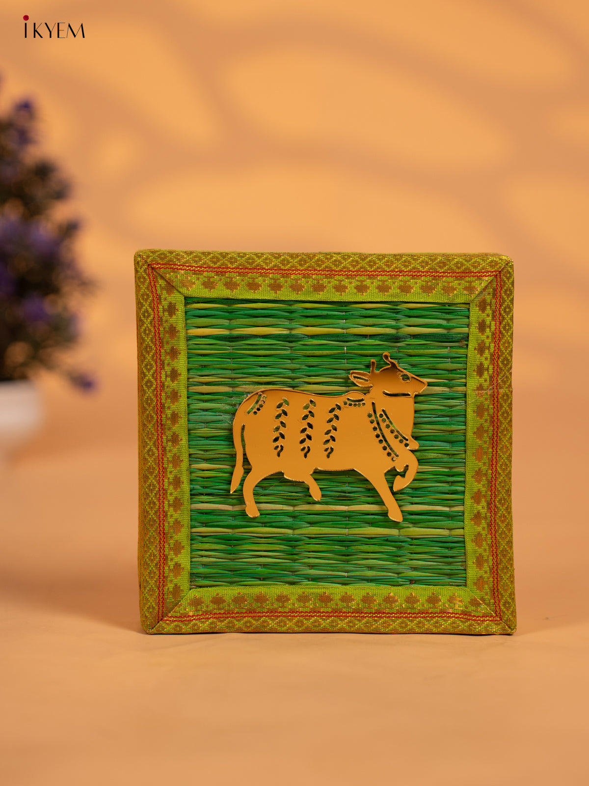 Korai Gift Box with Net Potli with Pichwai Motif - Green - KB17149