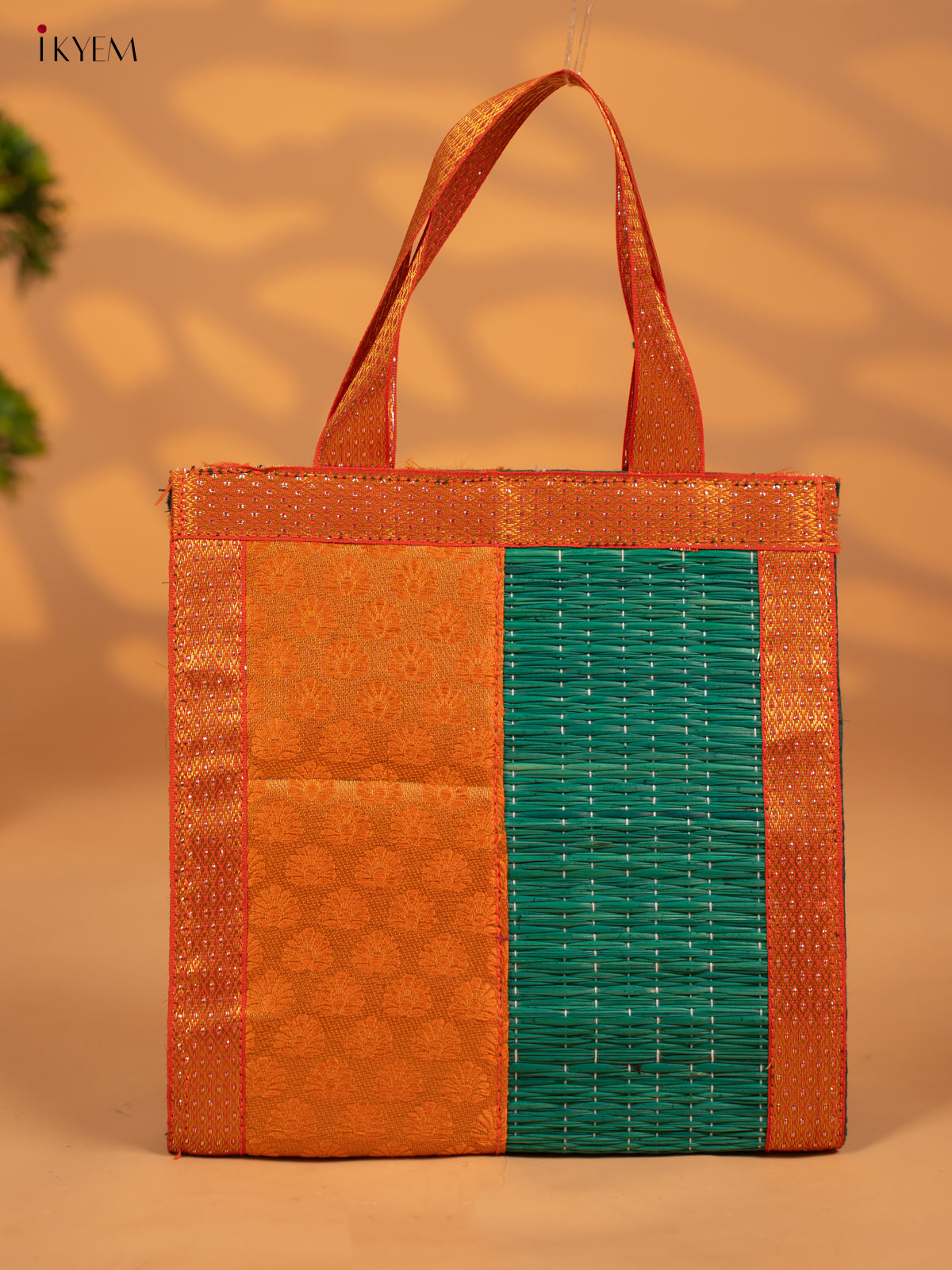 Half and Half Raw Silk with Korai Handbag 9 Inch- Green & Orange - KB17169