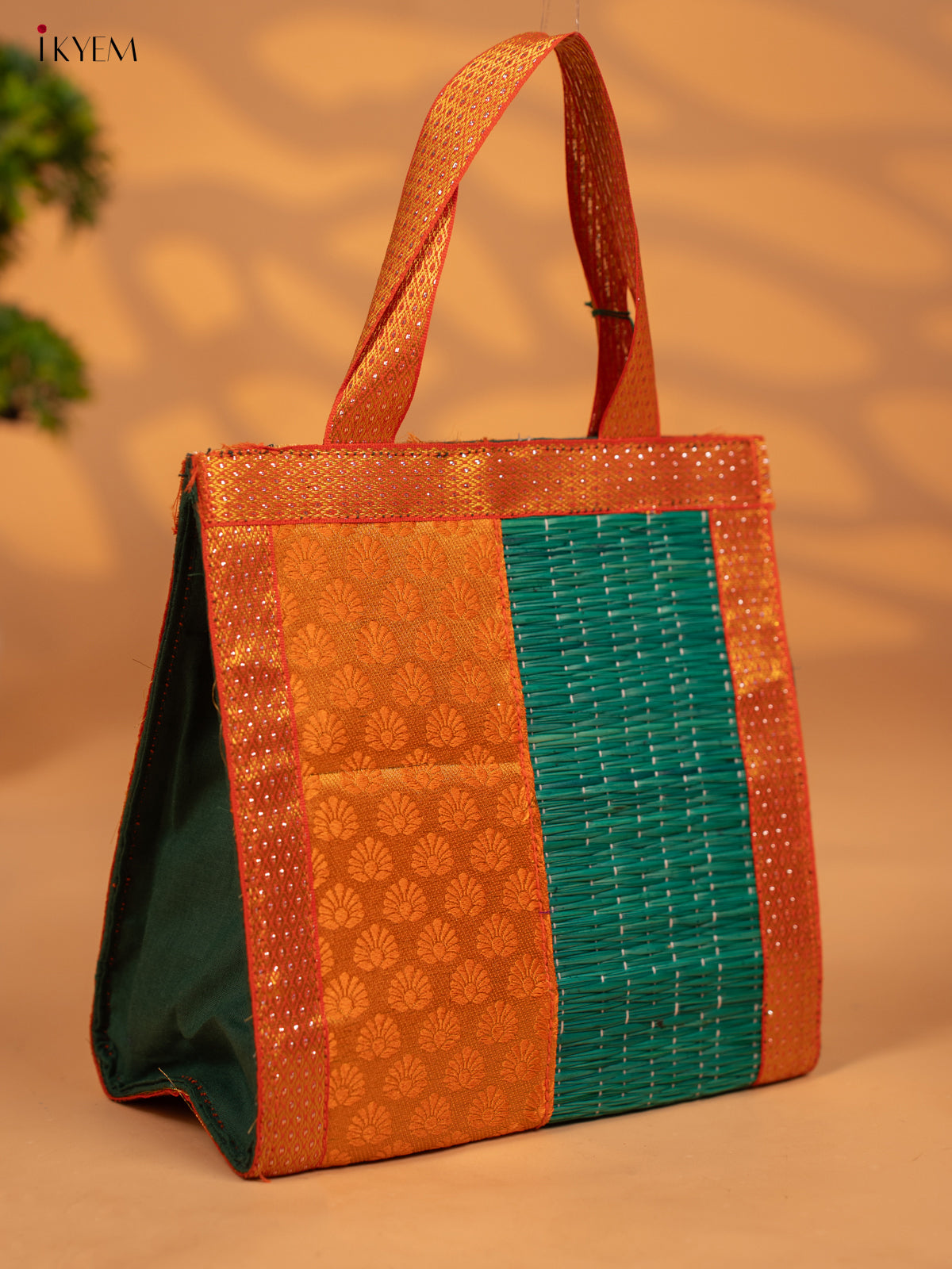 Half and Half Raw Silk with Korai Handbag 9 Inch- Green & Orange - KB17169