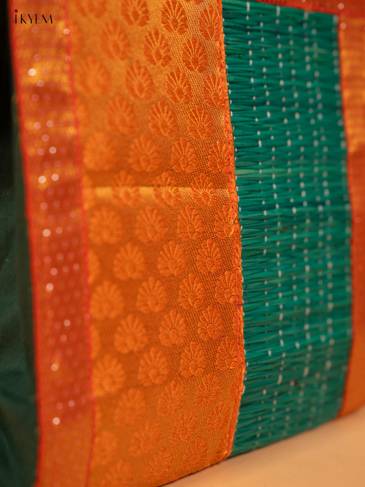 Half and Half Raw Silk with Korai Handbag 9 Inch- Green & Orange - KB17169