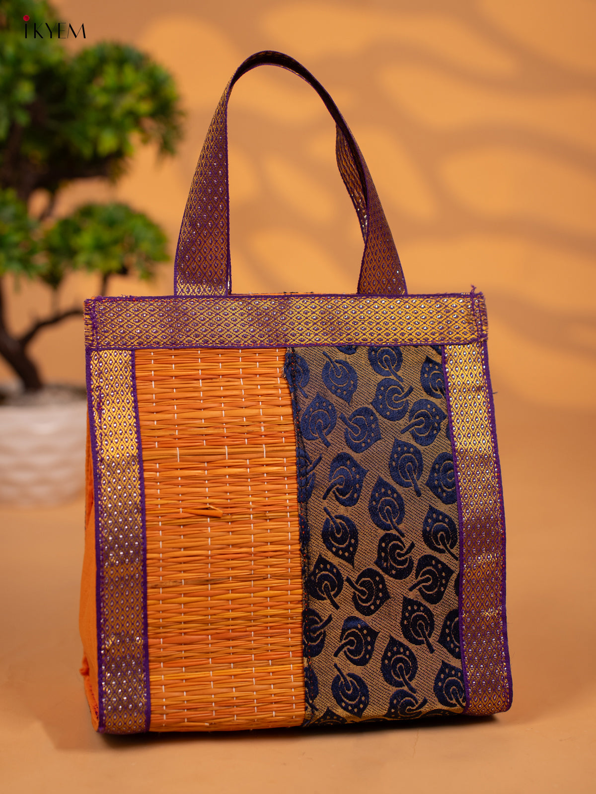 Half and Half Raw Silk with Korai Handbag 9 Inch- Orange & Blue - KB17170