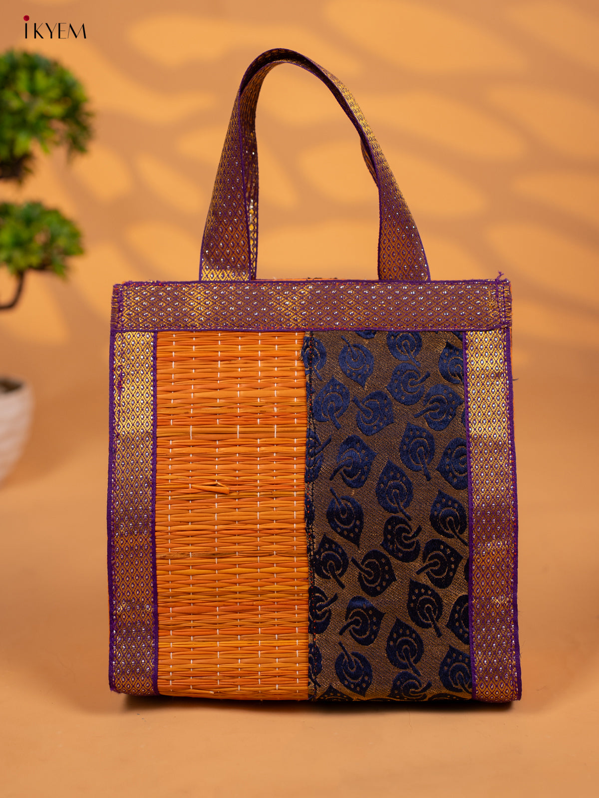 Half and Half Raw Silk with Korai Handbag 9 Inch- Orange & Blue - KB17170