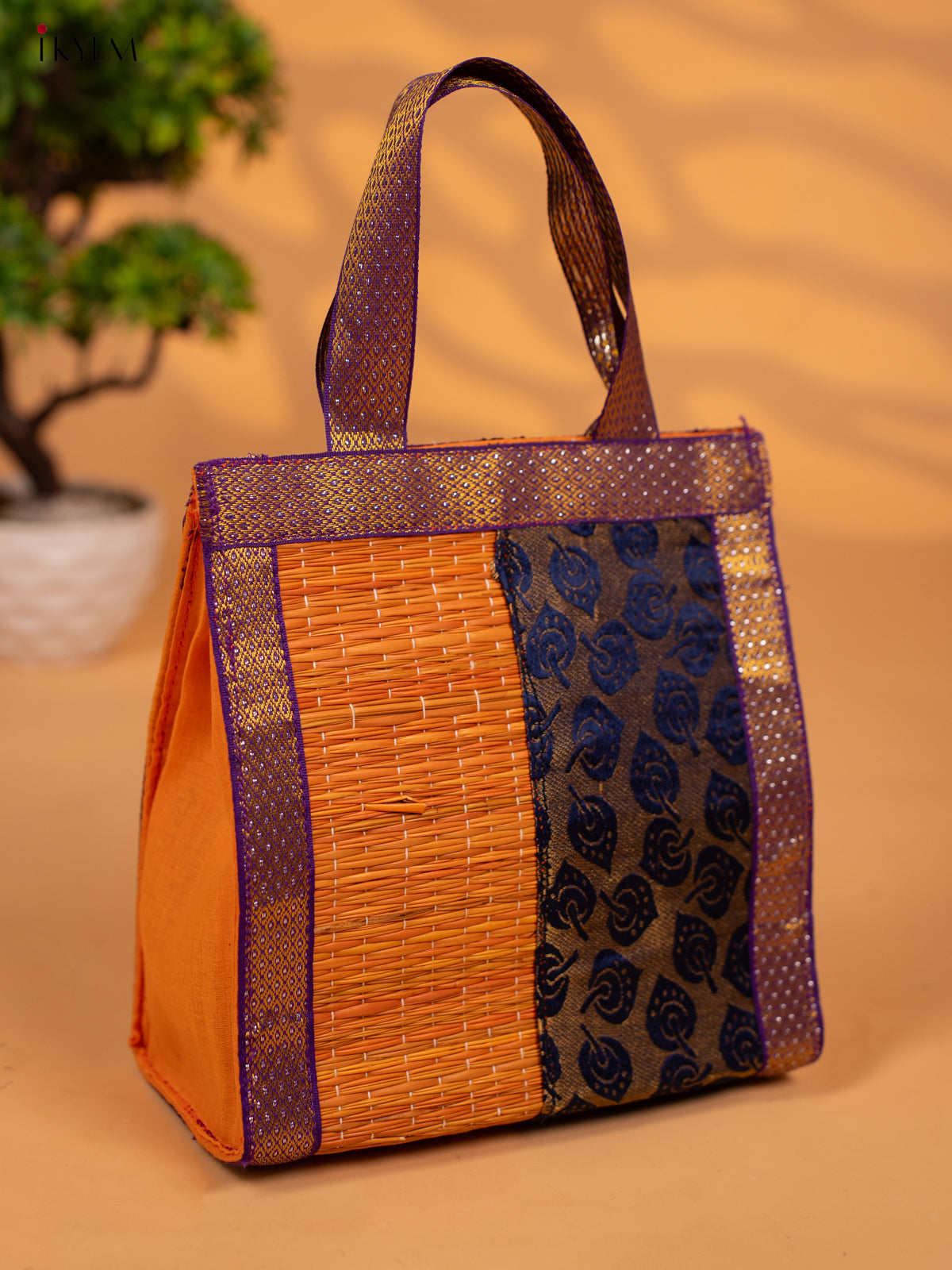 Half and Half Raw Silk with Korai Handbag 9 Inch- Orange & Blue - KB17170