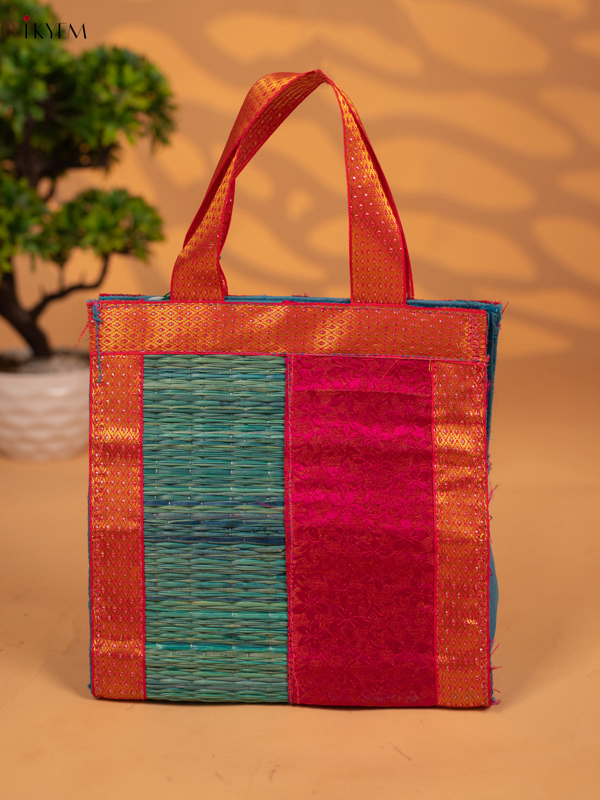 Half and Half Raw Silk with Korai Handbag 9 Inch- Blue & Pink - KB17171