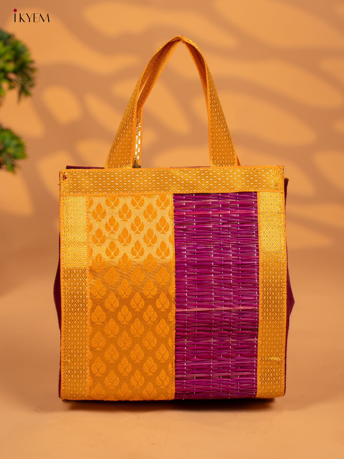 Half and Half Raw Silk with Korai Handbag 9 Inch- Yellow & Violet - KB17173