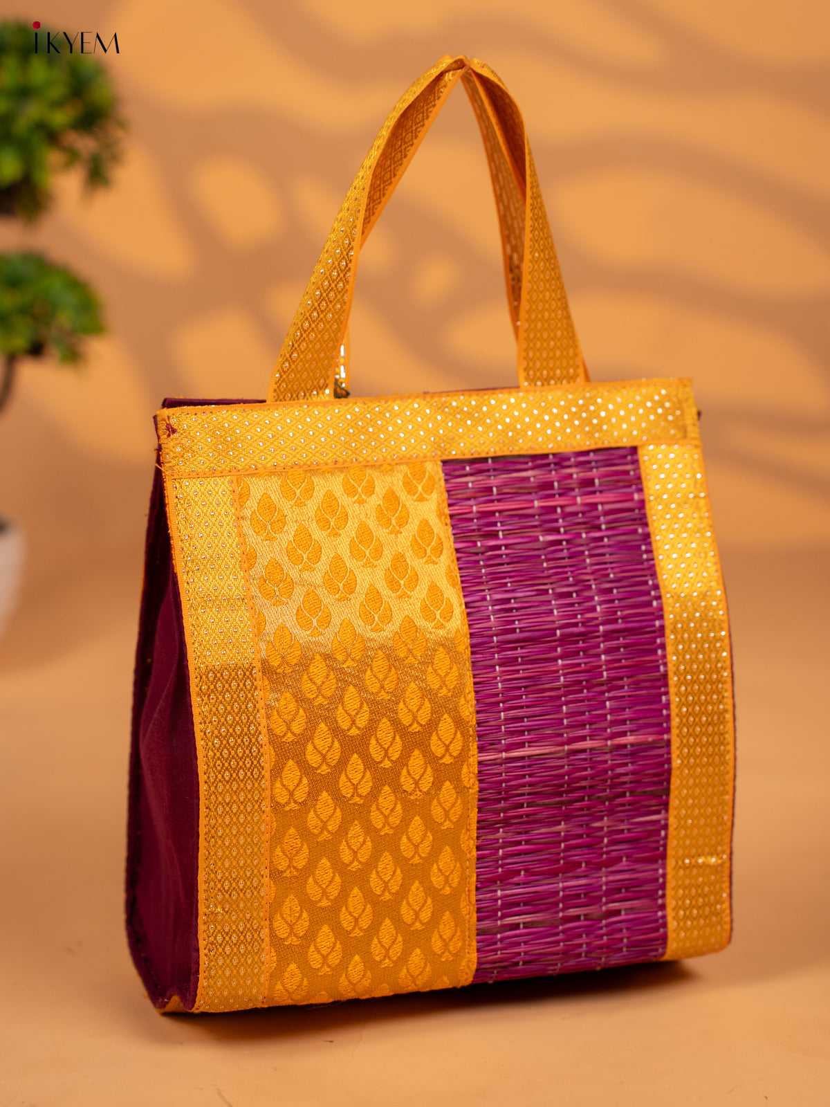 Half and Half Raw Silk with Korai Handbag 9 Inch- Yellow & Violet - KB17173