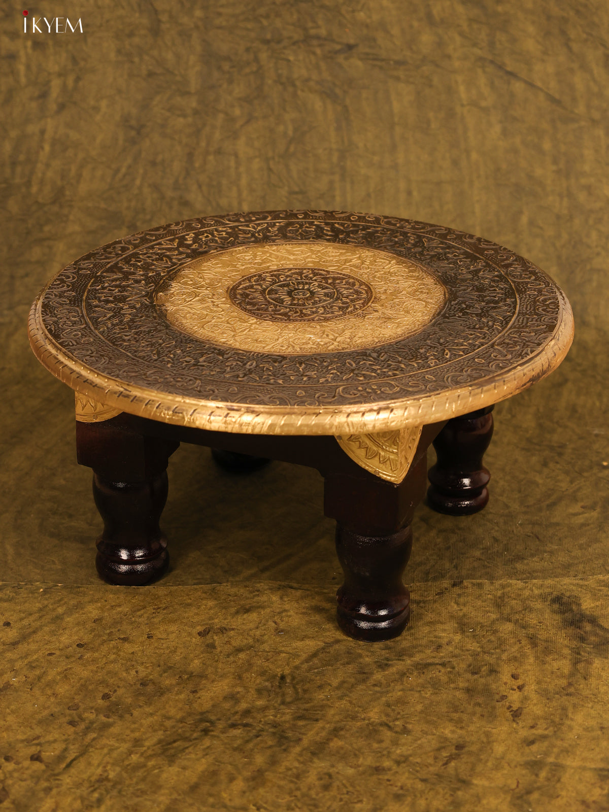 Brass Fitted Round Wooden Stool - 12 inch - KB17177