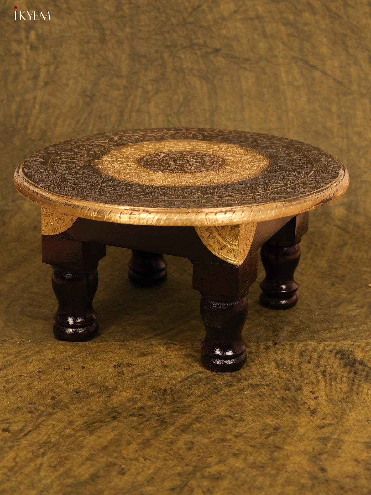 Brass Fitted Round Wooden Stool - 12 inch - KB17177