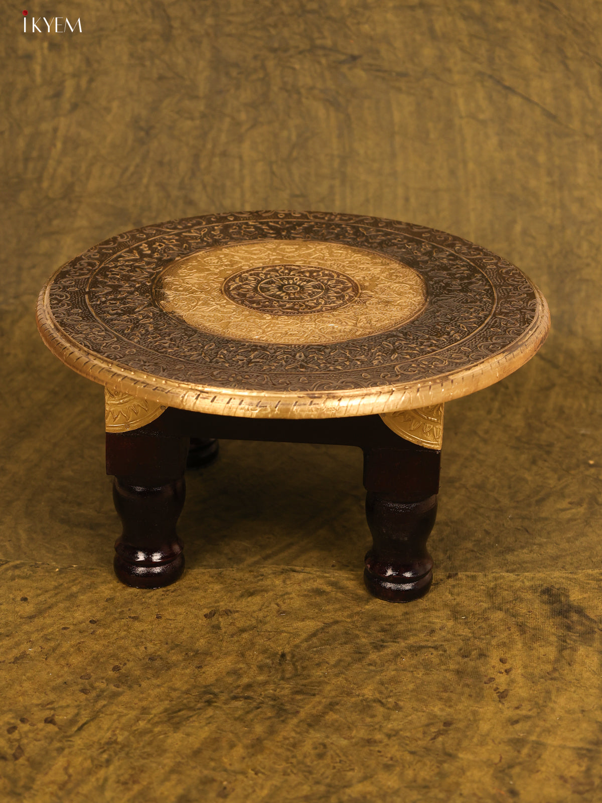 Brass Fitted Round Wooden Stool - 12 inch - KB17177