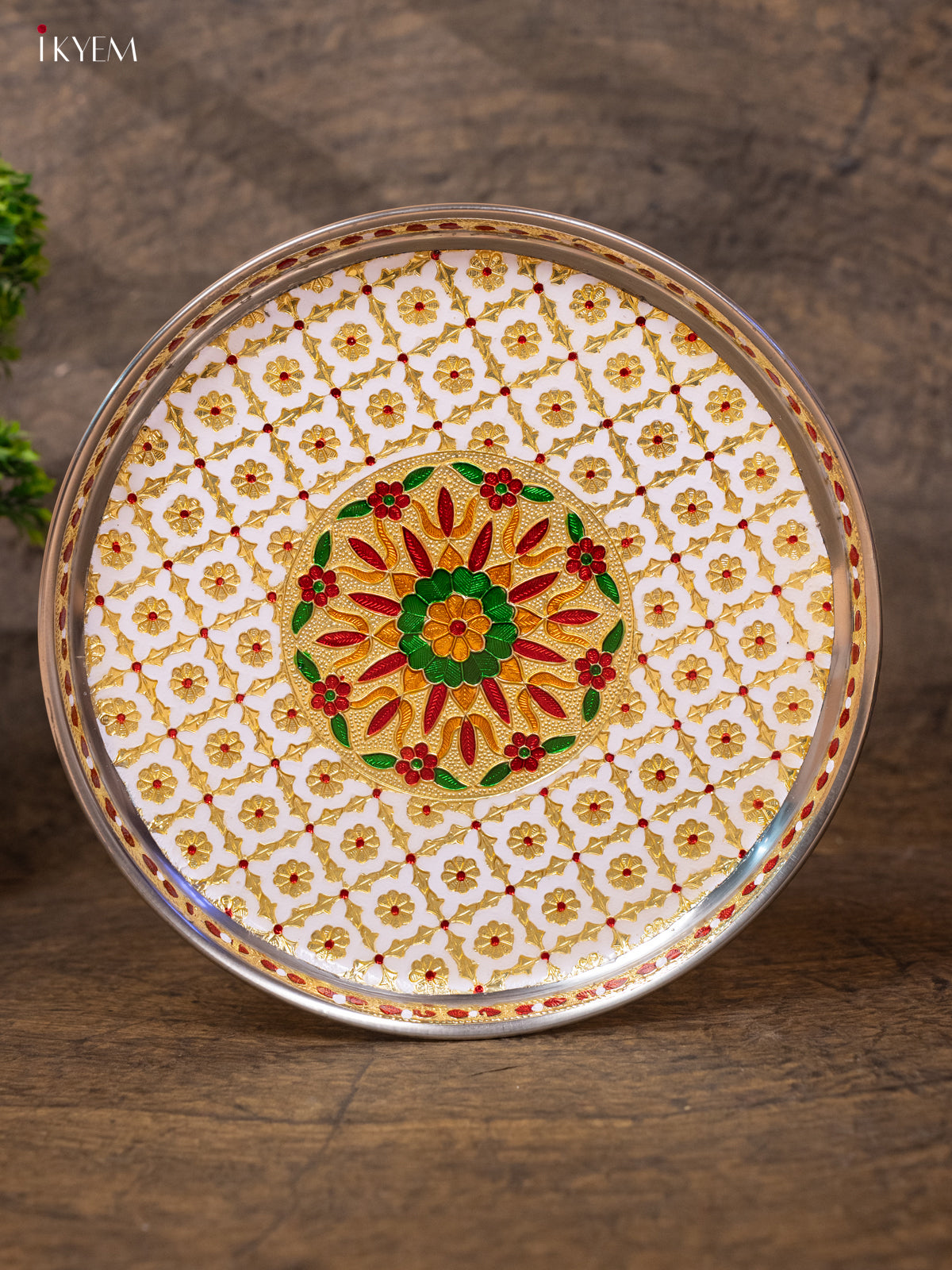 Meenakari Round Plate - 11 Inch - White - KB25113