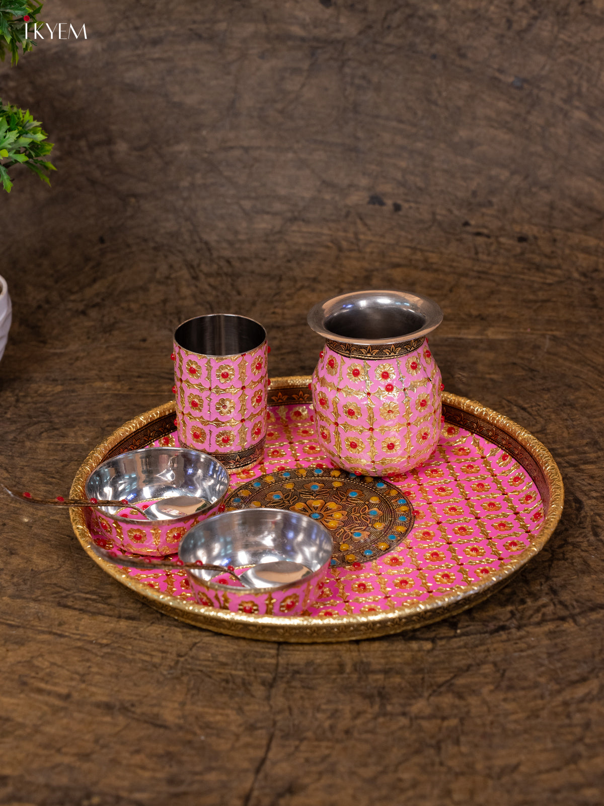 Meenakari Pooja Thali Set - Pink (12×12) Inch- KB25116