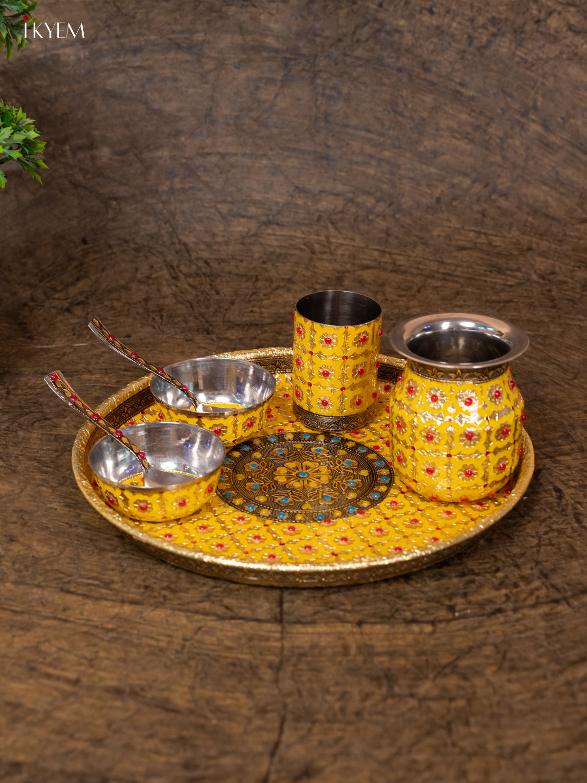 Meenakari Pooja Thali Set - Yellow (12×12) Inch- KB25117