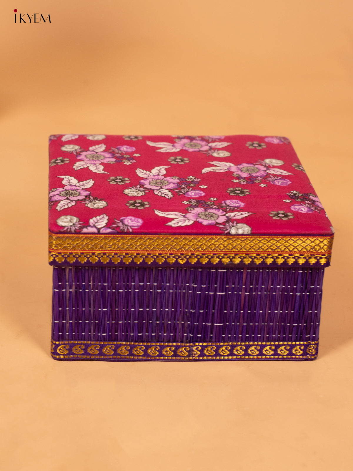 Foldable Korai Box with Kalamkari Fabric Top- Purple - KB26113