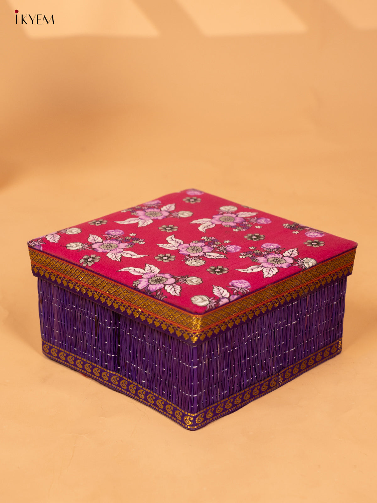 Foldable Korai Box with Kalamkari Fabric Top- Purple - KB26113