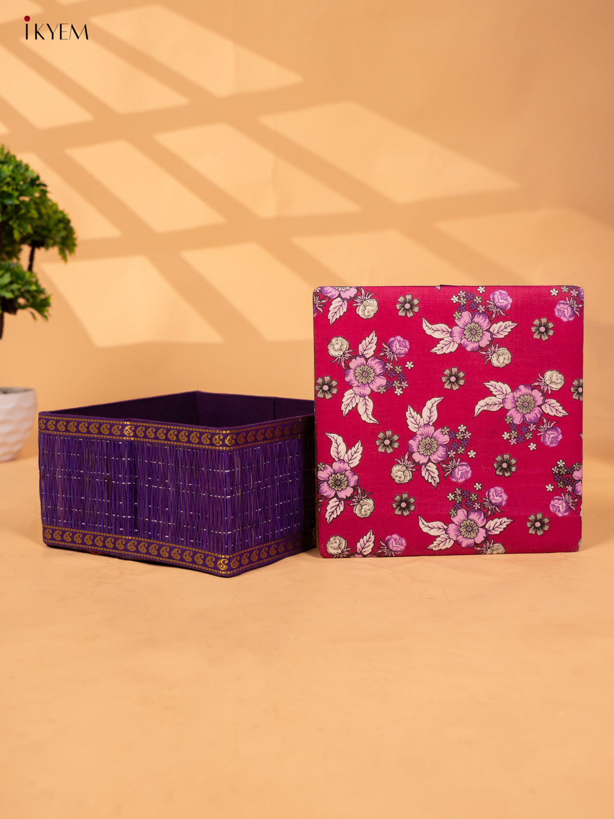 Foldable Korai Box with Kalamkari Fabric Top- Purple - KB26113