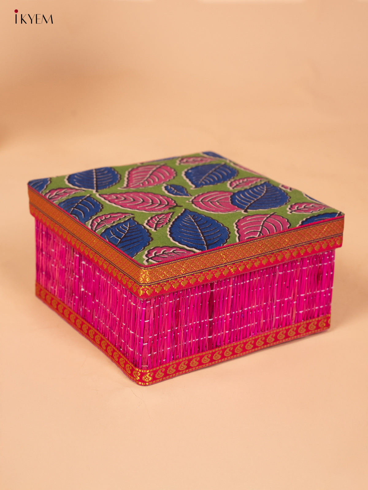 Foldable Korai Box with Kalamkari Fabric Top - Pink - KB26115