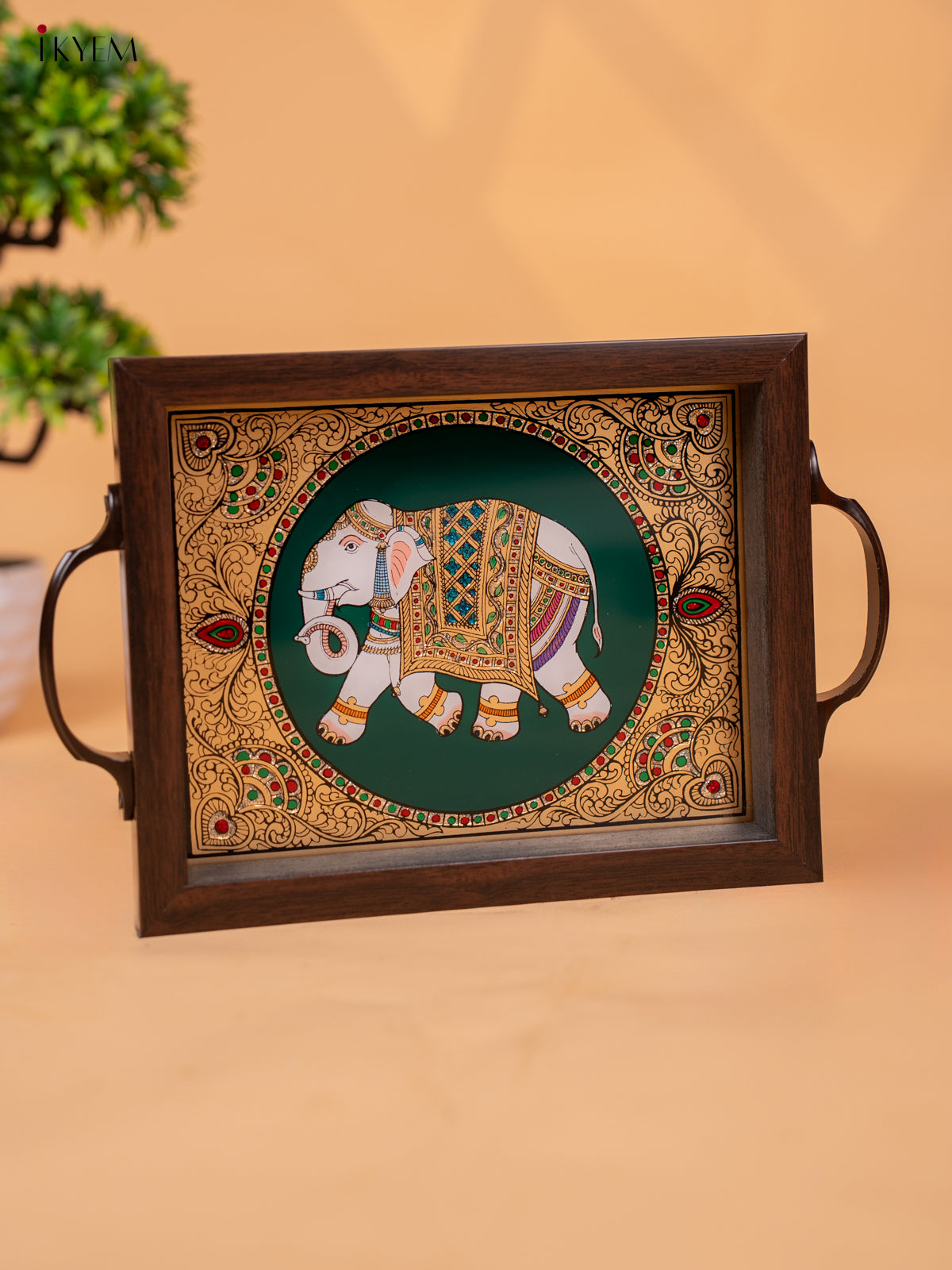 Reverse Glass Painted Tray - Green Elephant (11 x 7) - KC04111