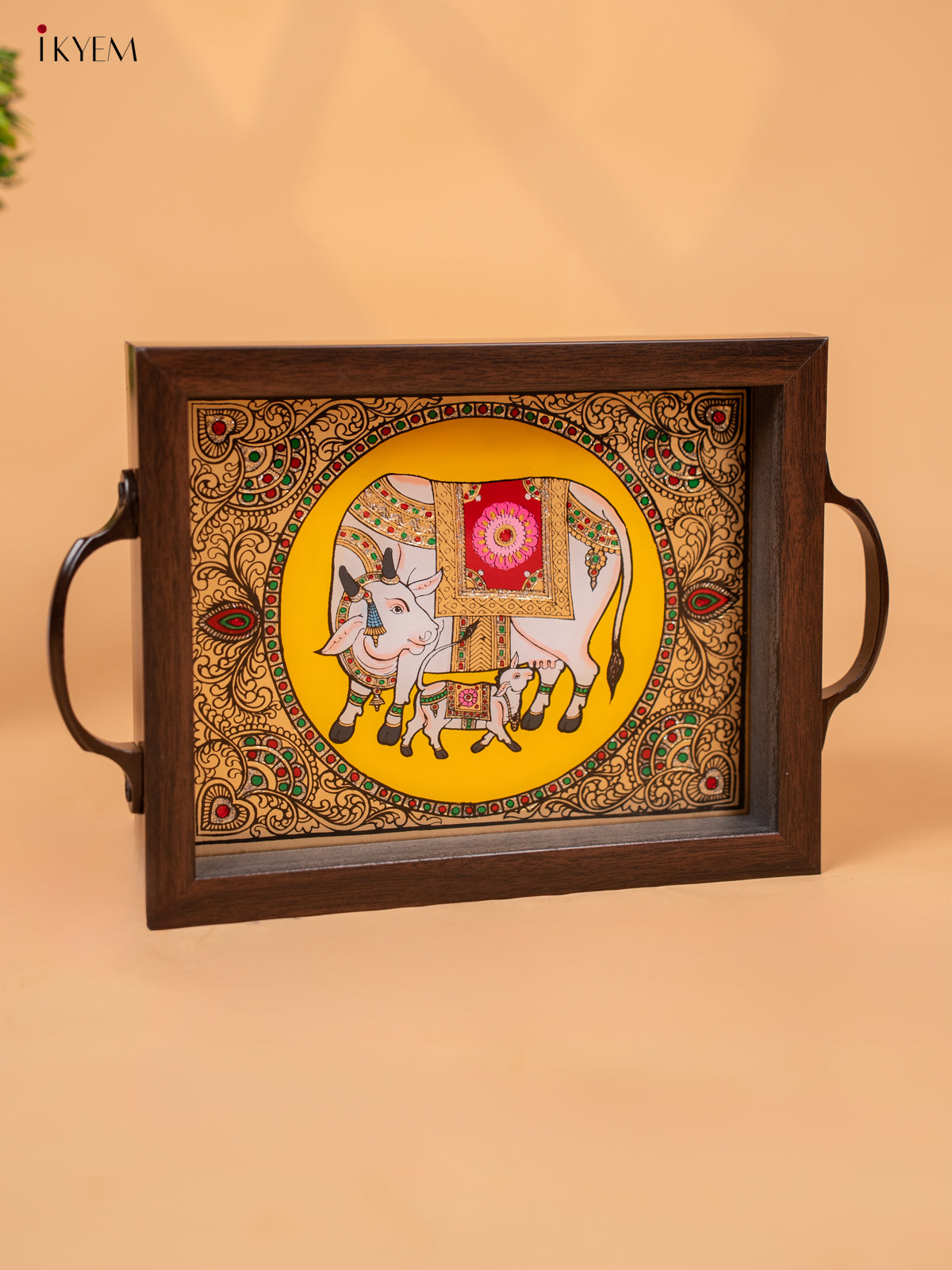 Reverse Glass Painted Tray - Yellow cow and calf  - (7×11) - KC04114