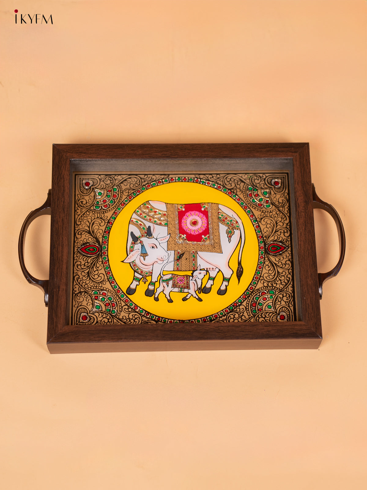 Reverse Glass Painted Tray - Yellow cow and calf  - (7×11) - KC04114