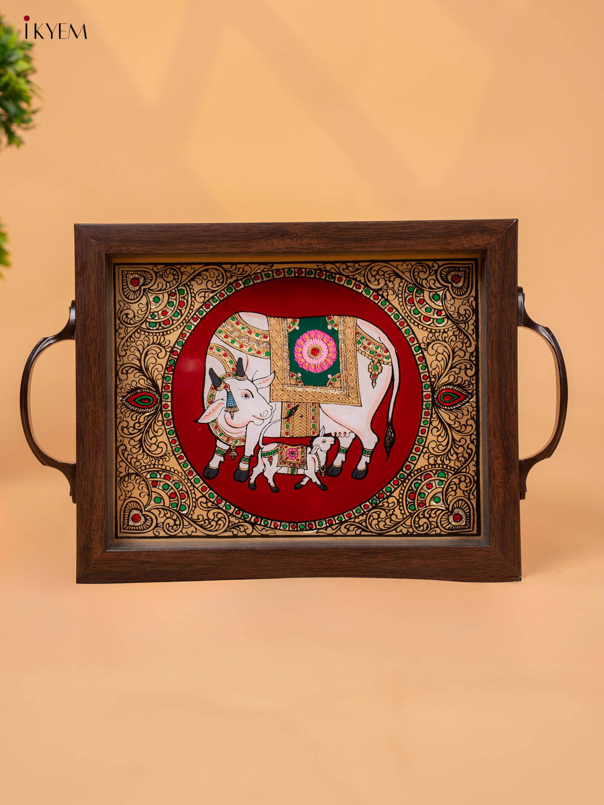 Reverse Glass Painted Tray -Red cow and calf - (7×11) - KC04115