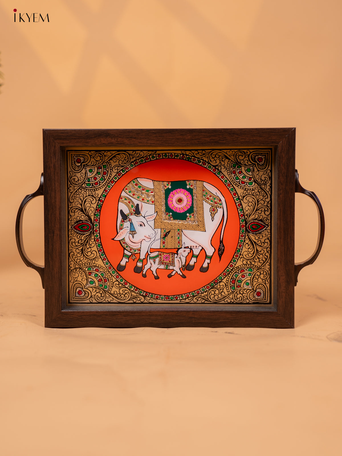 Reverse Glass Painted Tray -Orange cow and calf - (7×11) - KC04116