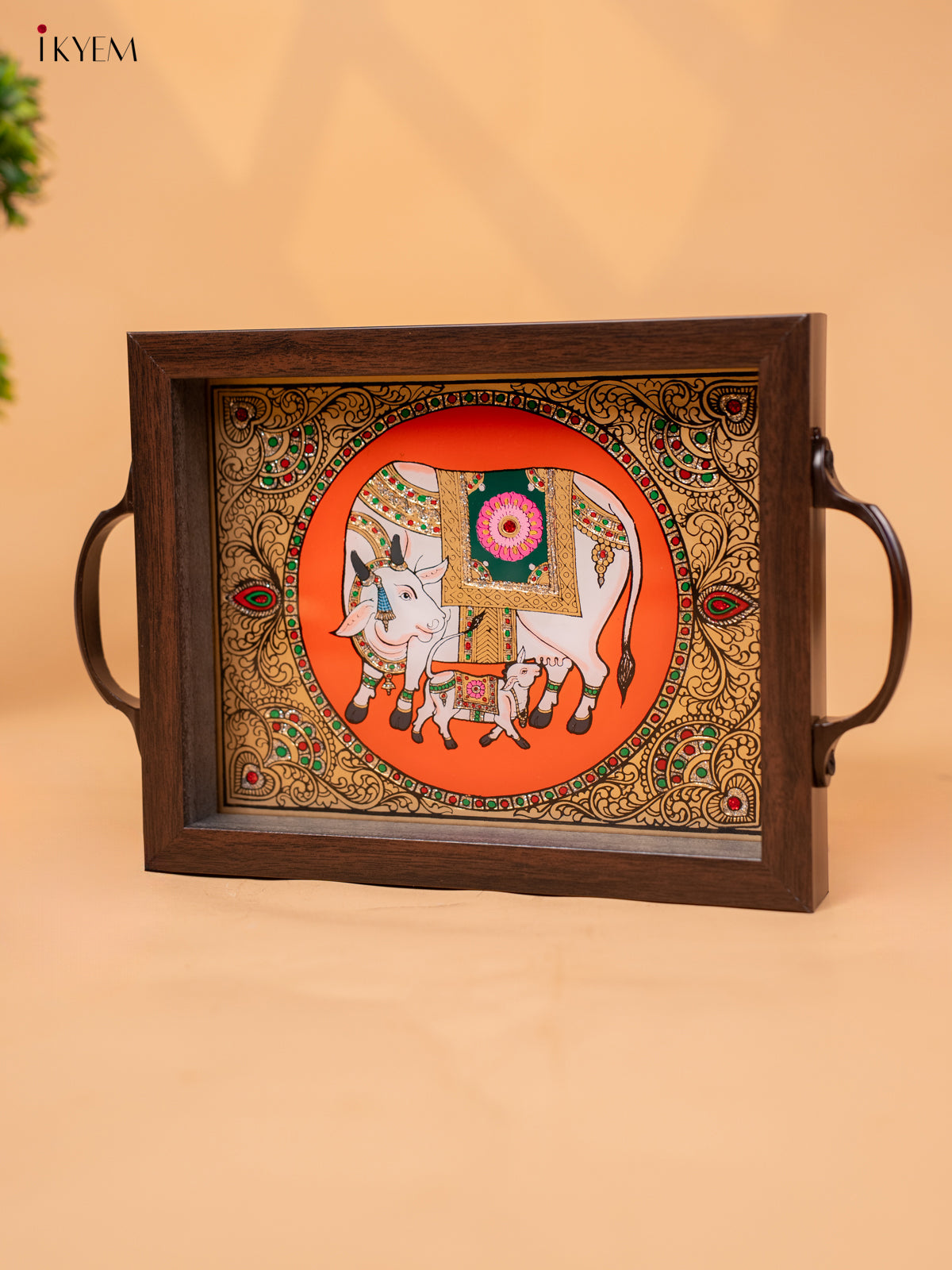 Reverse Glass Painted Tray -Orange cow and calf - (7×11) - KC04116