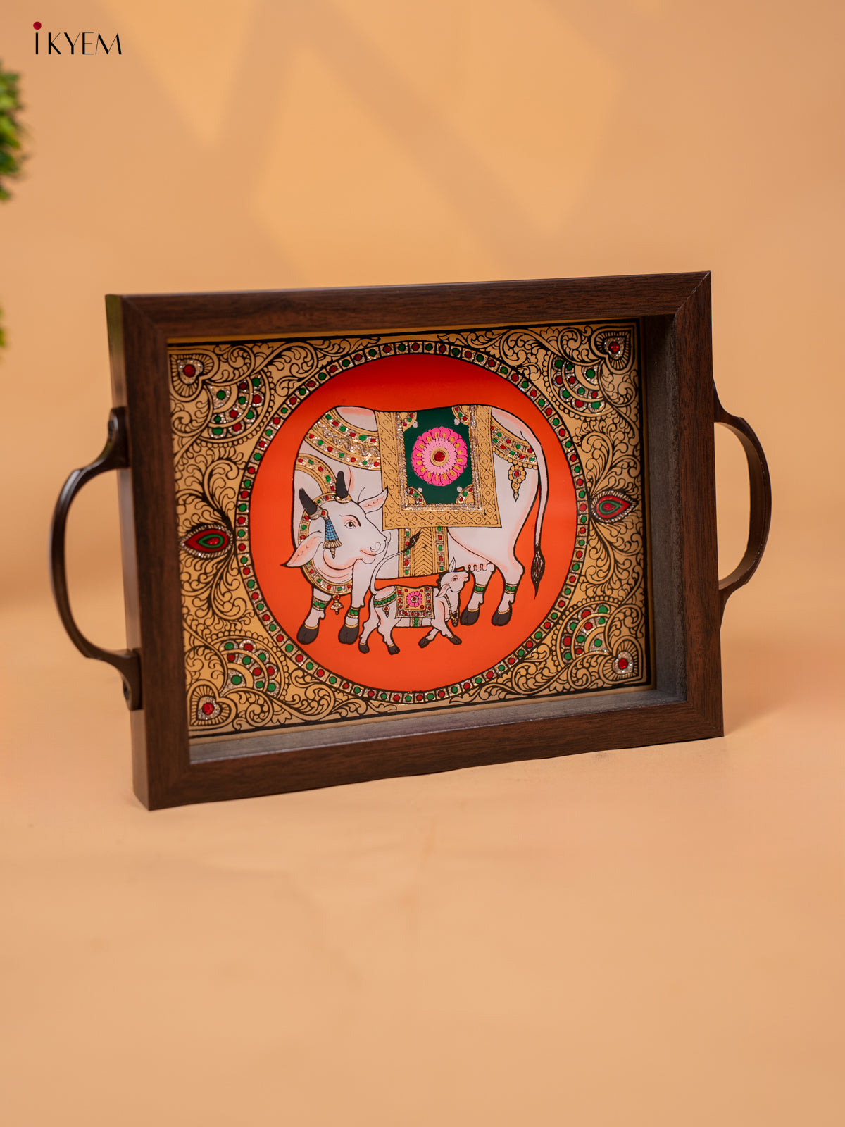 Reverse Glass Painted Tray -Orange cow and calf - (7×11) - KC04116