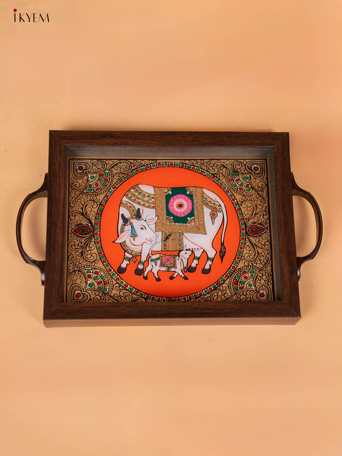 Reverse Glass Painted Tray -Orange cow and calf - (7×11) - KC04116