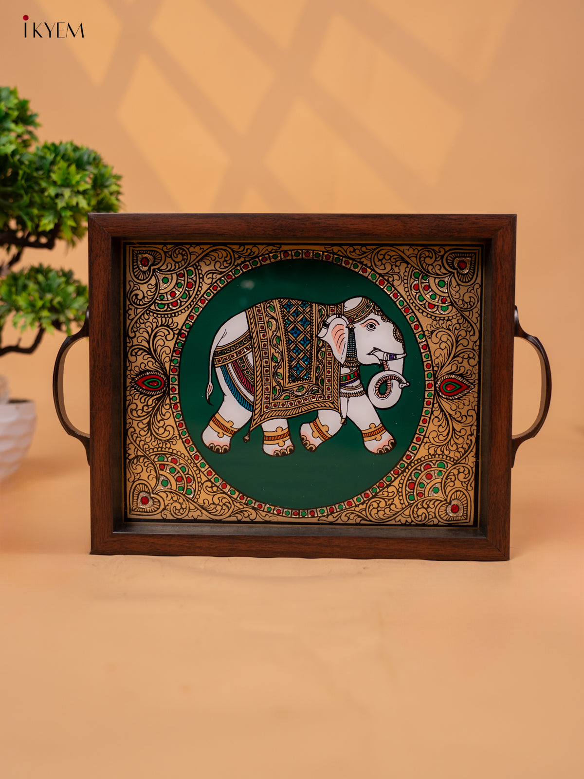 Reverse Glass Painted Tray -Green elephant - (9×13) - KC04120