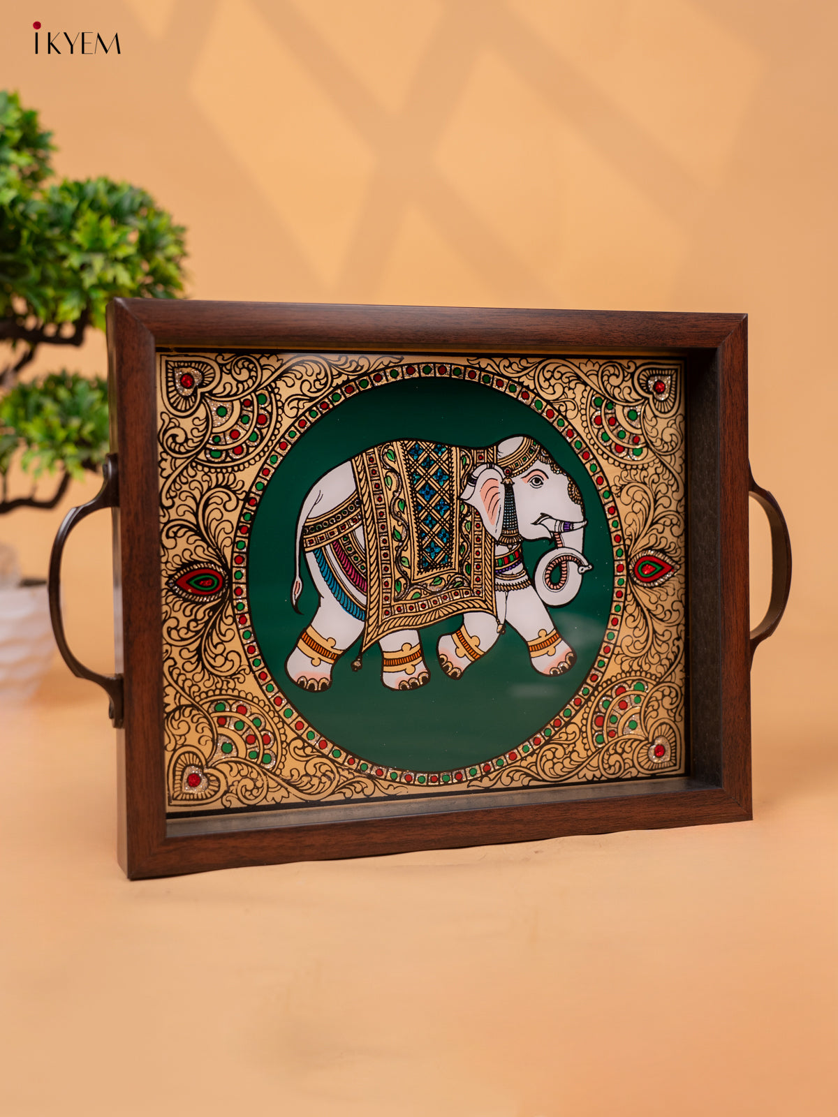 Reverse Glass Painted Tray -Green elephant - (9×13) - KC04120