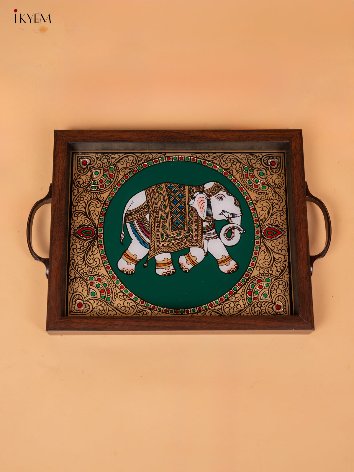 Reverse Glass Painted Tray -Green elephant - (9×13) - KC04120