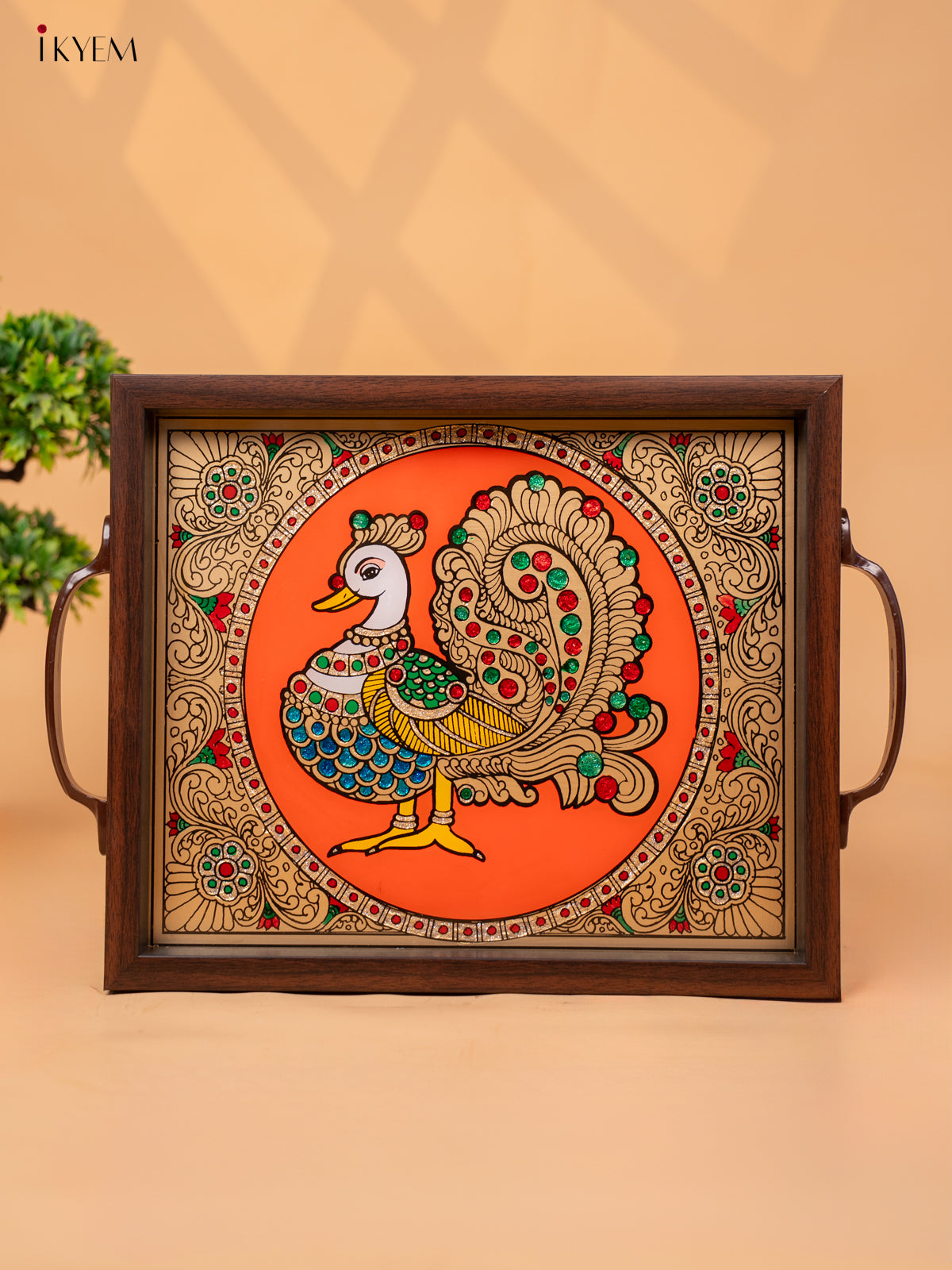 Reverse Glass Painted Tray - Orange Annapakshi - (11×15) - KC04121