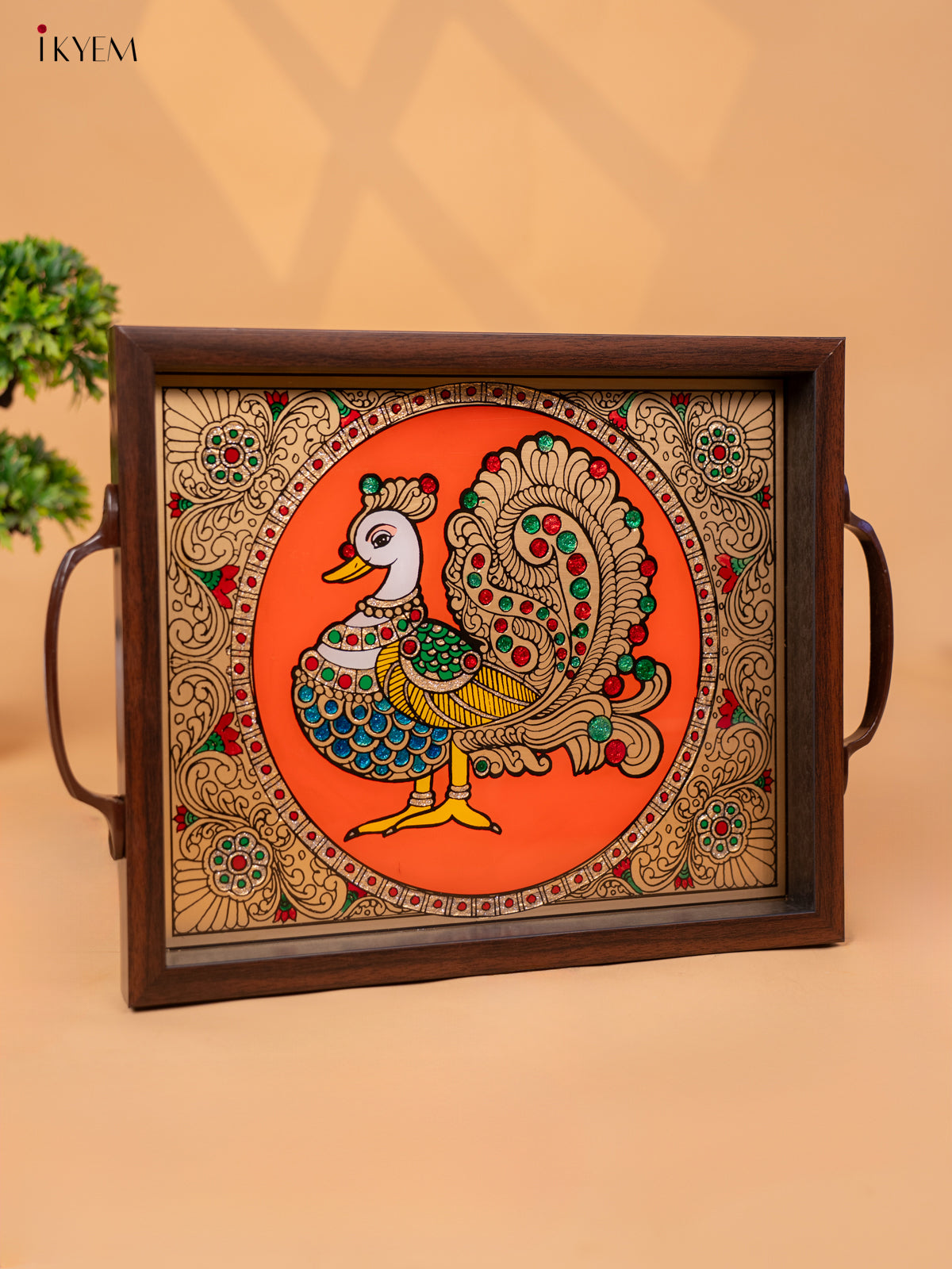 Reverse Glass Painted Tray - Orange Annapakshi - (11×15) - KC04121