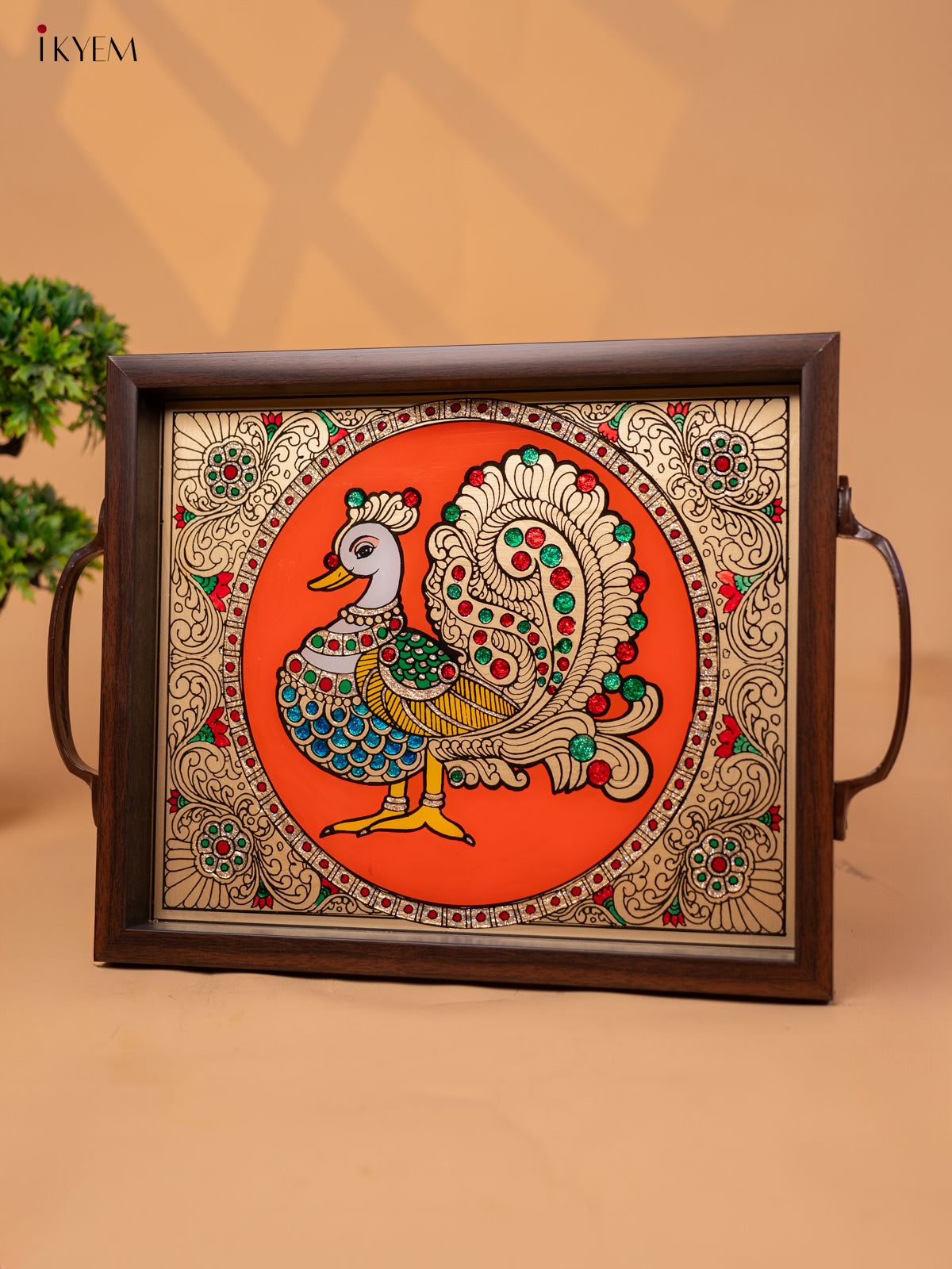 Reverse Glass Painted Tray - Orange Annapakshi - (11×15) - KC04121