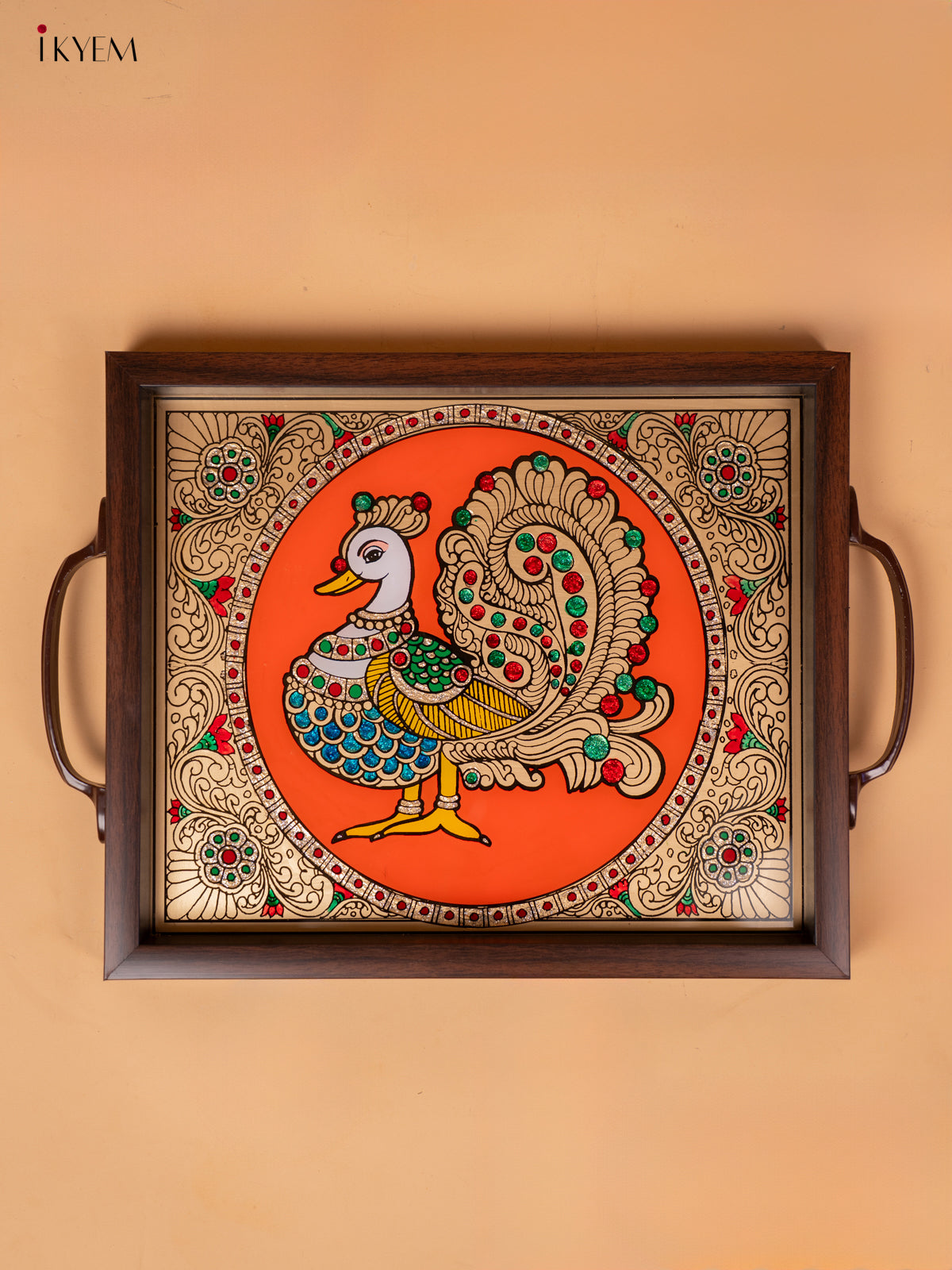 Reverse Glass Painted Tray - Orange Annapakshi - (11×15) - KC04121