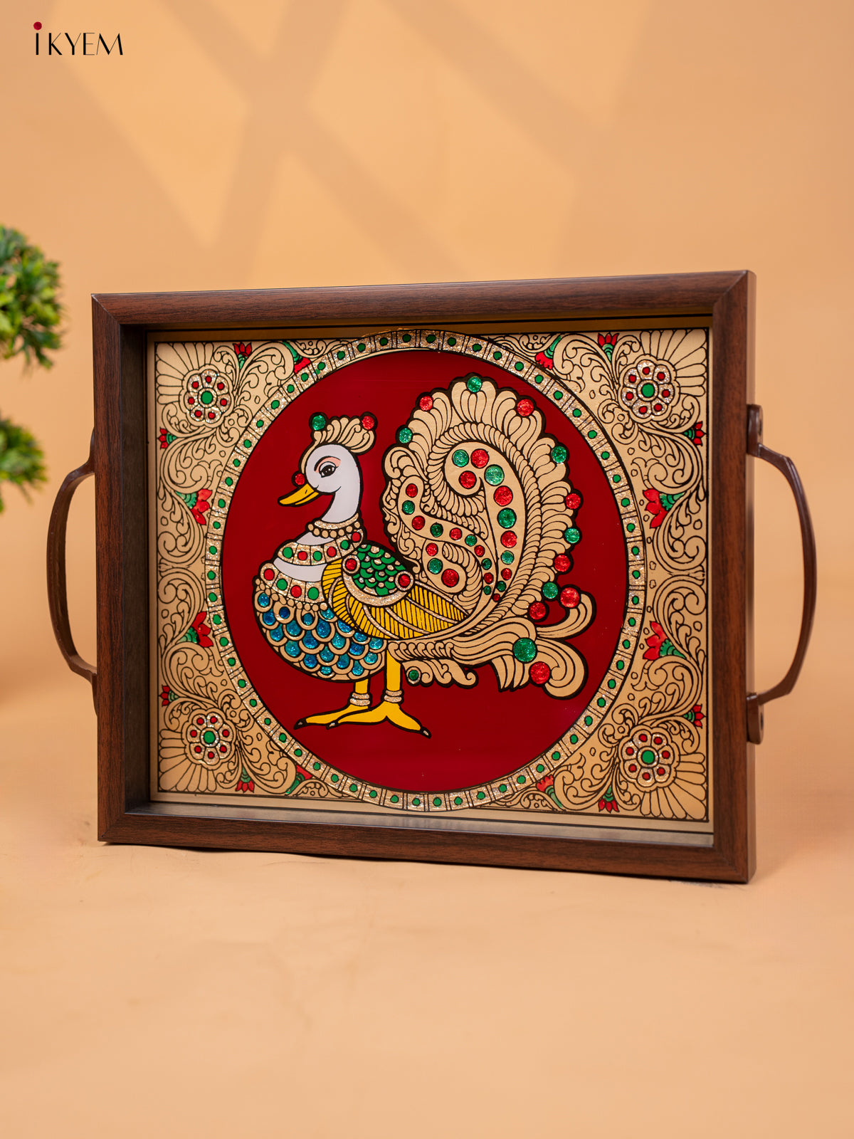 Reverse Glass Painted Tray -Red Annapakshi - (11×15) - KC04123