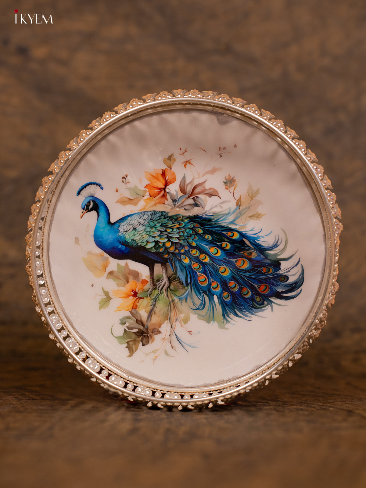 Digital Printed German Silver Tray - Peacock - (8×8) - KC12115