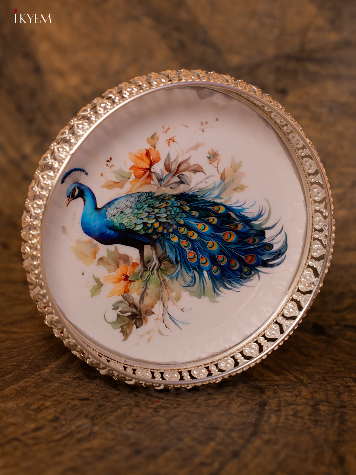 Digital Printed German Silver Tray - Peacock - (8×8) - KC12115