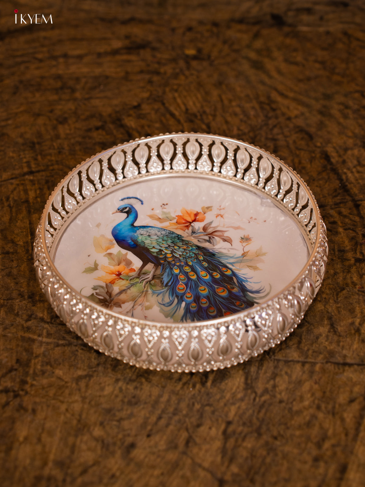 Digital Printed German Silver Tray - Peacock - (8×8) - KC12115