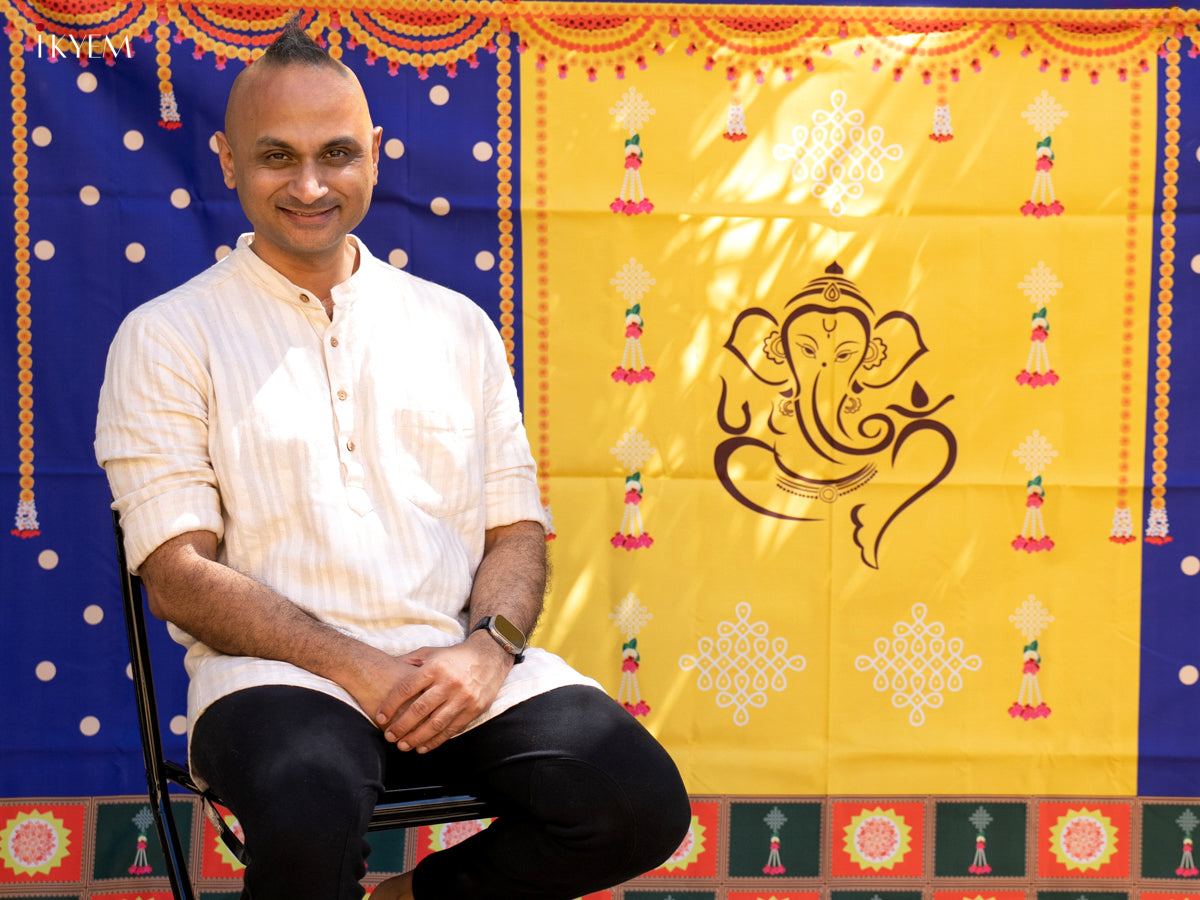 Pichwai Backdrop with Ganesha-yellow with blue - (5×8 feet)- KC11129